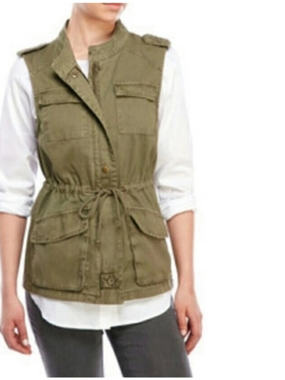 Per Se Women's Cotton Olive Utility Vest with Elastic Waist